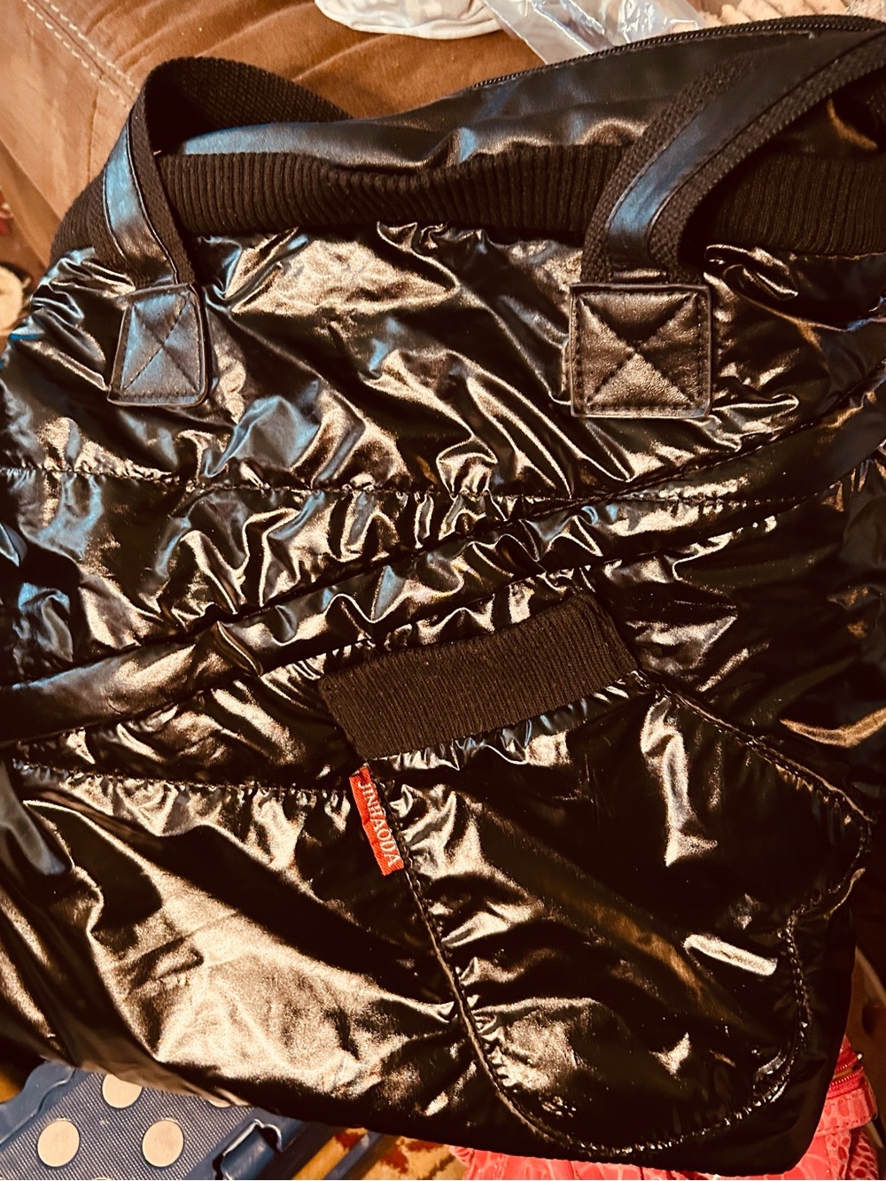 Puffy Shiny Black Quilted Tote with Red Logo Tab